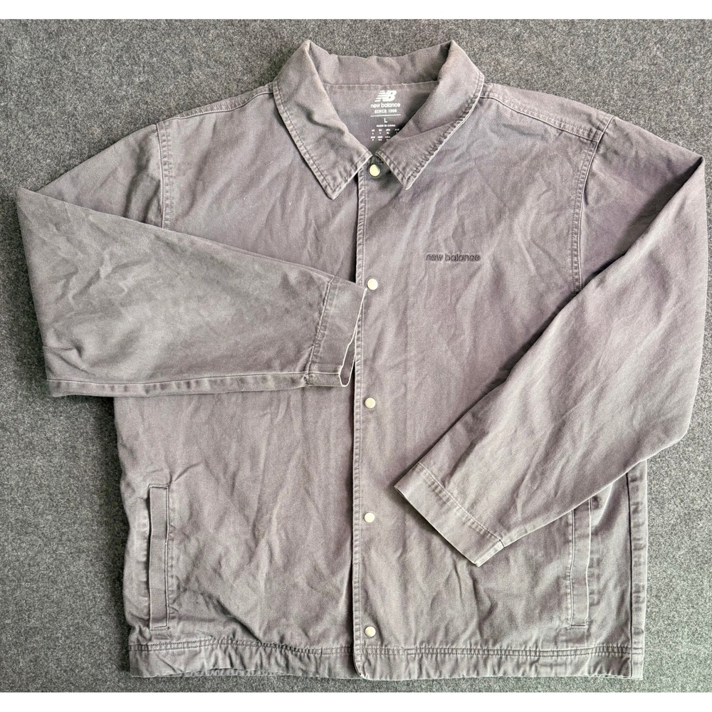 New Balance Mens Large Gray Cotton Twill Snap Front Coaches Jacket Logo L